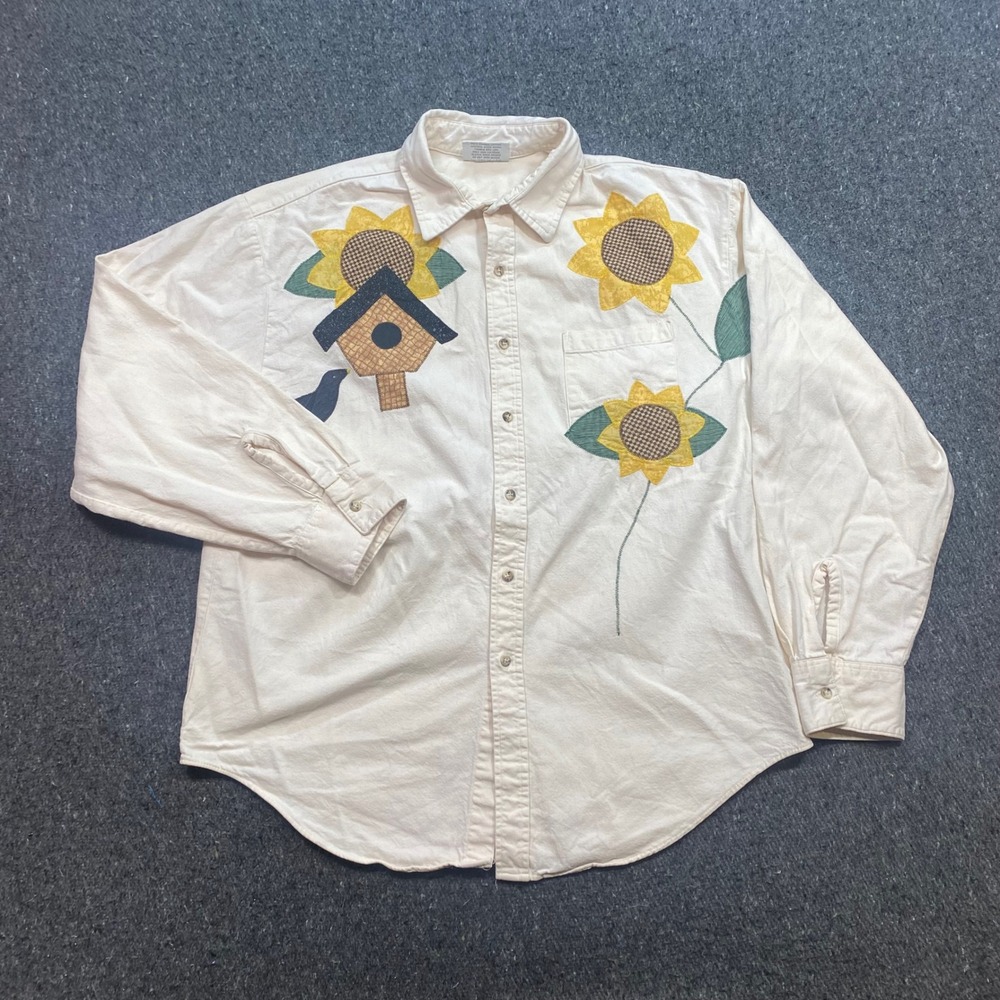 Crystal Springs Sunflower Birdhouse Applique Shirt Sz L Womens Cream Cottagecore